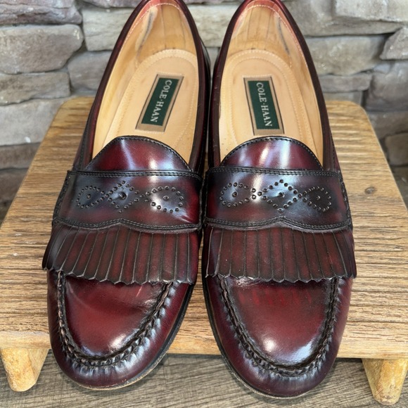 COLE HAAN Shoes Men 11 B Burgundy Wine Leather Kiltie Loafers With Punch Design - Picture 1 of 16
